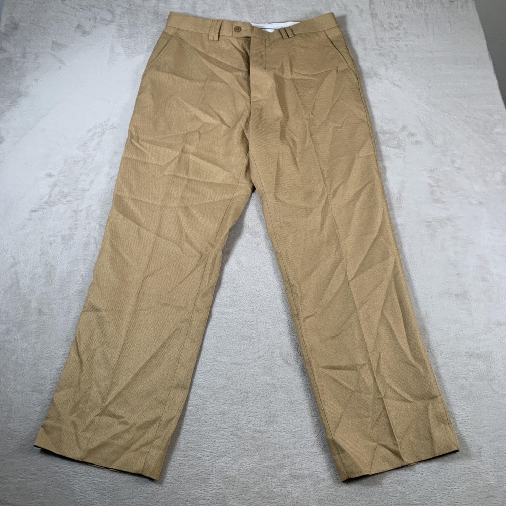 Trust Pants Mens 34x30 Khaki Tan Flat Front Dress Slacks Polyester Classic Work